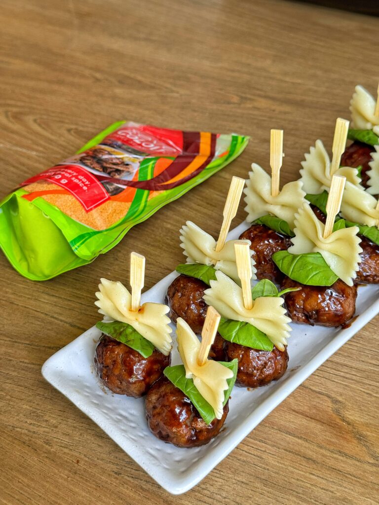 Bowtie Pasta and Cocktail Meatball Skewers